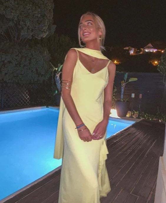 TingPo Wholesale Sexy A line Straps Chiffon Yellow Long Prom Dresses